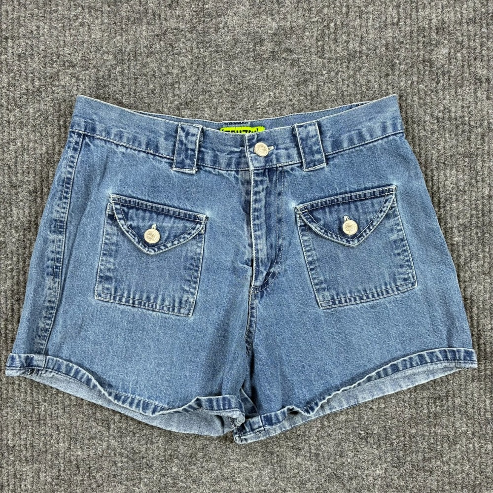 JouJou Womens Denim Shorts W28" Blue Mid Rise Flap Pockets Cuffed Y2K Style